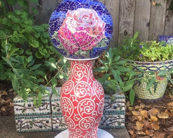 Mosaic garden gazing ball - pink rose - stained glass