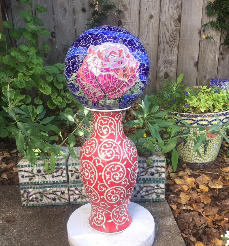 Mosaic garden gazing ball pink rose stained glass Etsy