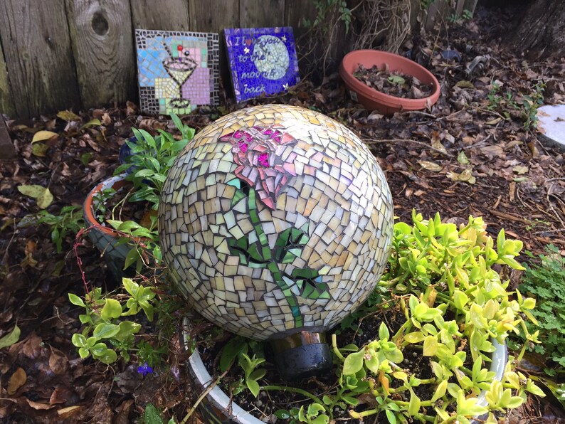 Mosaic garden gazing ball pink rose stained glass Etsy