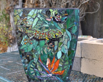 FREE SHIPPING Stained Glass & Tile Mosaic Garden Container - Lizard, Iguana, Gecko, Bird of Paradise