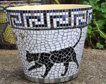 Free Shipping Stained Glass & Tile Mosaic Garden Container - Black Cats-Greek Key-Halloween