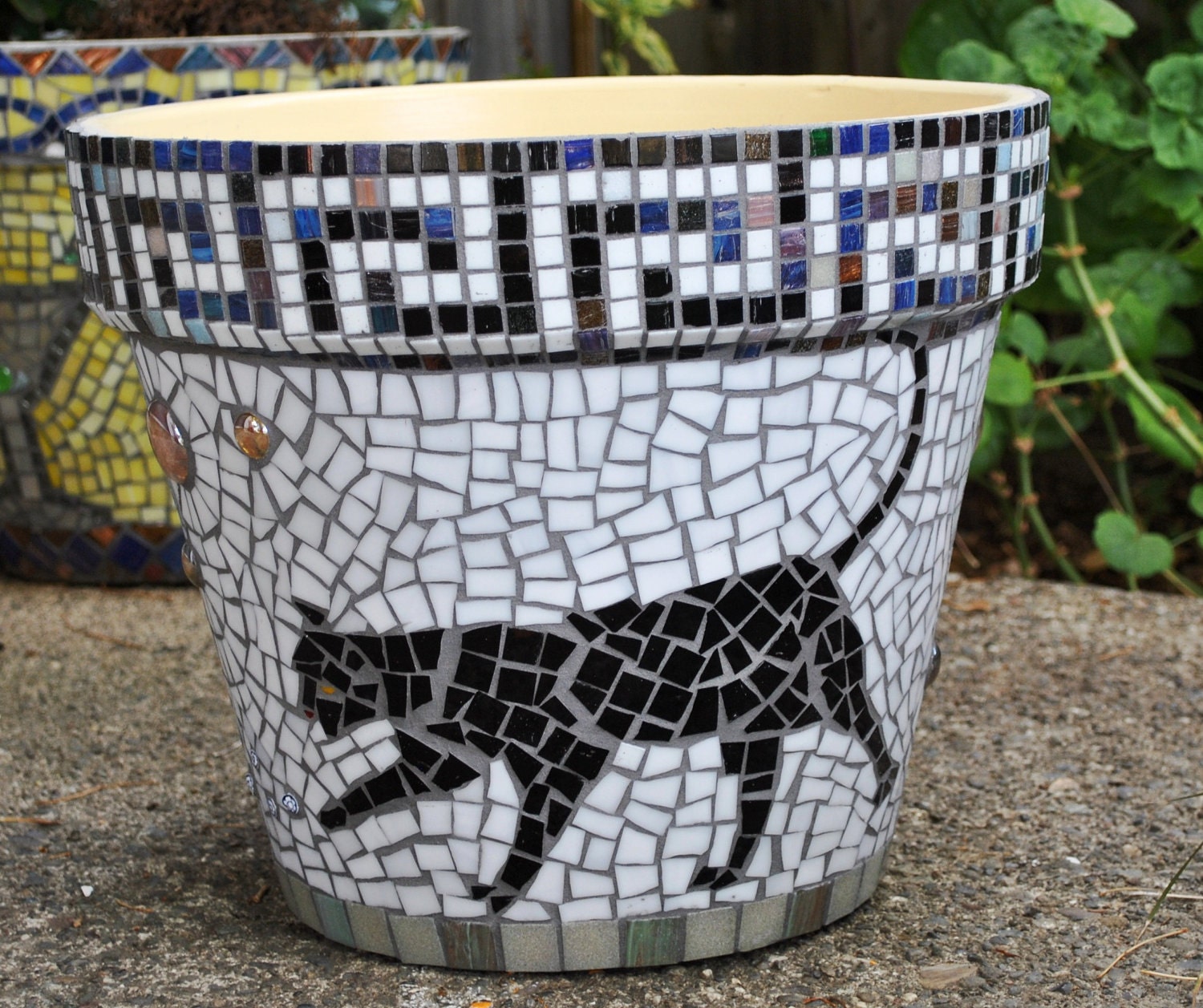 Stained Glass & Tile Mosaic Garden Container Black Etsy