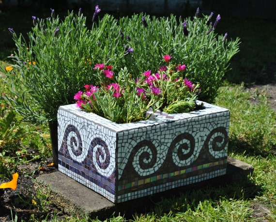 Upcycled Mosaic Cinder Block Garden Planter Purple Tile And Etsy