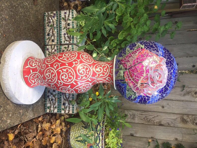 Mosaic garden gazing ball pink rose stained glass Etsy