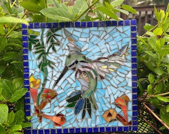 FREE SHIPPING Hummingbird Stained Glass Mosaic - 8x8 - backsplash tile - kitchen tile