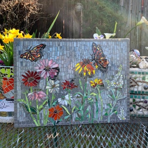 Mosaic Panel - Butterfly Garden - 16&quot; by 12&quot; - stained glass - glass tile - mosaic kitchen