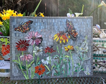 FREE SHIPPING Mosaic Panel - Butterfly Garden - 16" by 12" - stained glass - glass tile - mosaic kitchen