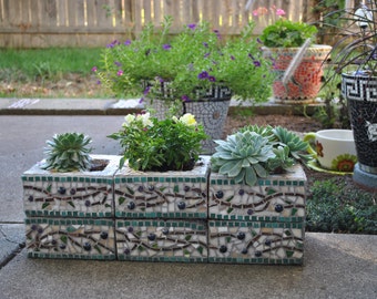 Custom Designed Mosaic Cinder Block Herb Garden Planter Olive Branch Pattern - White, Green, Brown