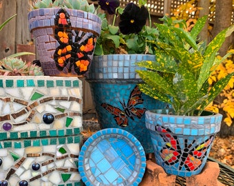 Free Shipping Two Butterfly Glass Tile Mosaic Pots with matching saucers
