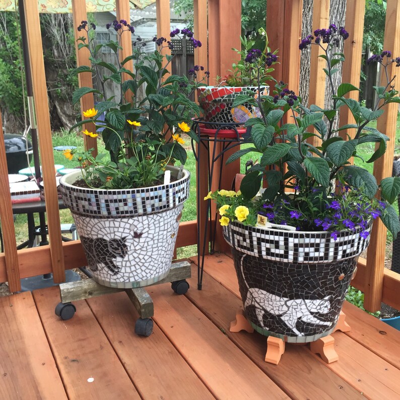 Stained Glass & Tile Mosaic Garden Container Black Etsy