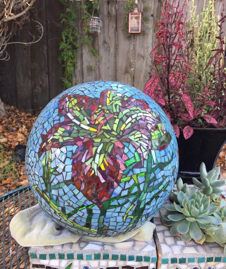 Mosaic garden gazing ball pink rose stained glass Etsy