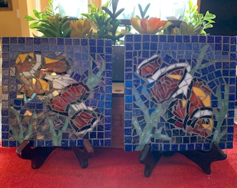 FREE SHIPPING Two Clownfish Stained Glass Mosaics - 6x6 Tiles - backsplash tile - kitchen tile