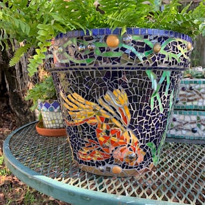 Mosaic koi fish planter stained glass in blue and gold