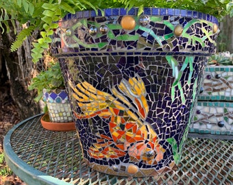 Free Shipping! Mosaic koi fish planter stained glass in blue and gold