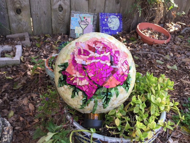 Mosaic garden gazing ball pink rose stained glass Etsy