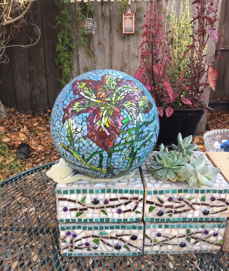 Mosaic garden gazing ball pink rose stained glass Etsy
