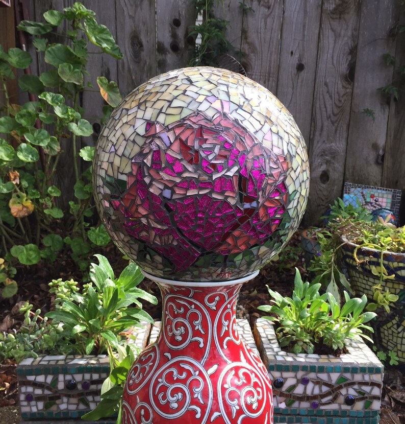 Mosaic garden gazing ball pink rose stained glass Etsy