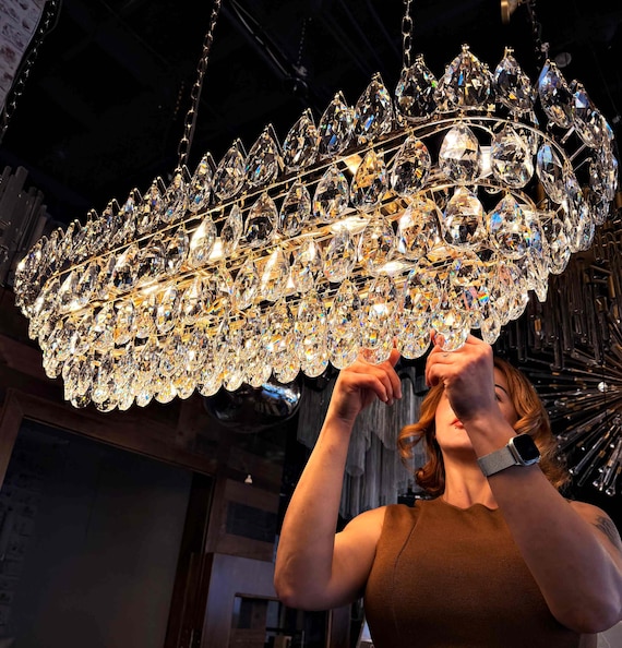 Modern Crystal Chandelier – 40" Linear Luxury Light, Gold or Chrome Finish