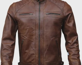 Distressed bruin lamsleren bikerjack heren: gewatteerd motorjack