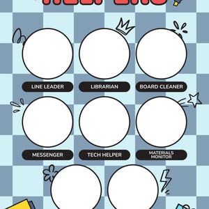 Pode incluir: Um gráfico de ajudantes de sala de aula com um fundo xadrez azul e branco. O texto "NOSSOS AJUDANTES DE SALA DE AULA" está no topo. Abaixo estão nove círculos com títulos de trabalho como "Líder de linha" e "Bibliotecário". Ilustrações de desenhos animados de um marcador e um bloco de notas estão incluídas.