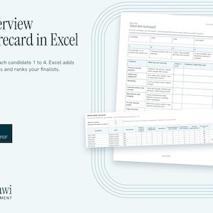 Könnte beinhalten: Eine Interview-Bewertungsvorlage im Excel- und PDF-Format. Das Dokument enthält eine strukturierte Tabelle zur Kandidatenbewertung, einschließlich Bewertungskriterien, einem Rangsystem und einem Übersichtsblatt für Bewerber.