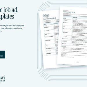 May include: Two white document pages featuring Care job ad templates for support workers and care managers. The text includes sections for job titles, pay, hours, and requirements, with the Badawi Recruitment logo visible on the pages.