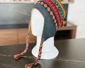 ALPACA CHULLO HAT | Peruvian Design Alpaca Beanie | Reversible Double-Level Earflap Beanie Unisex