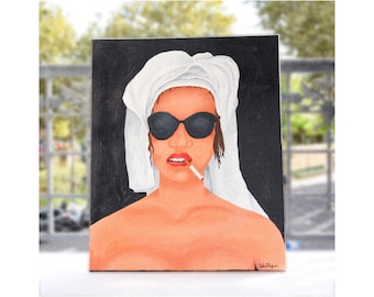 May include: A painting of a woman with a white towel wrapped around her head. She is wearing sunglasses and has a cigarette in her mouth. The background is black.