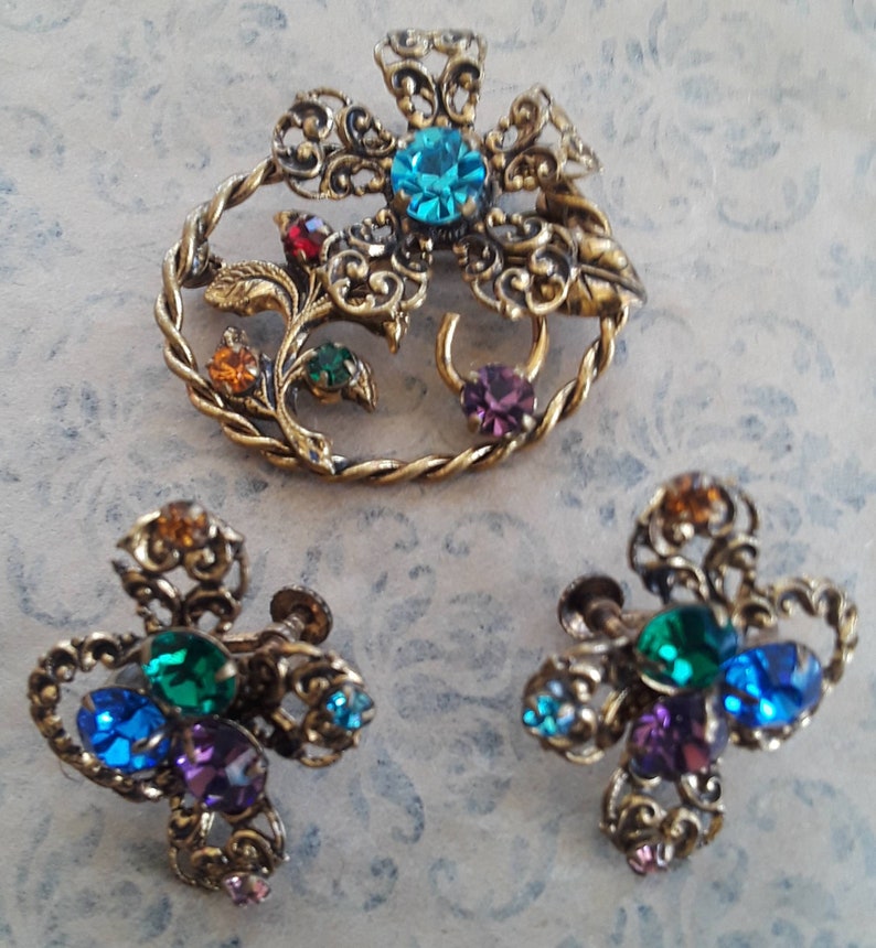 Vintage 1960/'s Austria Colorful Rhinestone Pin And Screw Back Earring Set