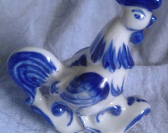 Blue & White Russian Made Ceramic Rooster Figurine