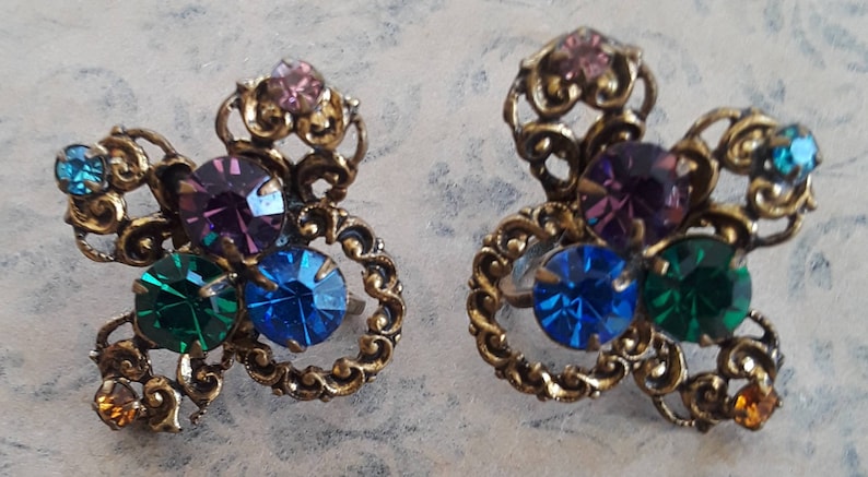 Vintage 1960/'s Austria Colorful Rhinestone Pin And Screw Back Earring Set