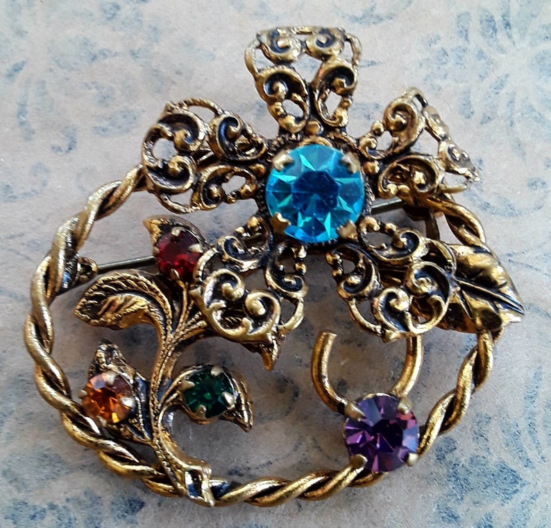 Vintage 1960/'s Austria Colorful Rhinestone Pin And Screw Back Earring Set