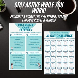 Chair Exercises and Desk Workout Sheet, 30 Day Fitness Tracker, Chair Yoga, Workout Planner, Exercises for Seniors, Chair Workout