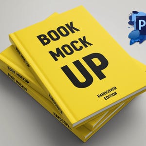 以下が含まれることがあります： 大きな黒い文字で「BOOK MOCK UP」と書かれた、3冊の黄色のハードカバー本のスタック。 「HARDCOVER EDITION」の文字が下に印刷されています。 Photoshopのロゴが右上隅にあります。