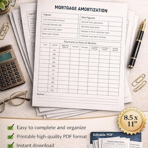 Könnte beinhalten: Ein Stapel weißer Papierformulare zur Hypothekenamortisation mit einem Taschenrechner, einer Brille und einem Stift. Die Formulare enthalten Abschnitte für Eingaben, Kennzahlen und Zahlungsdetails. Der Text auf den Formularen lautet "MORTGAGE AMORTIZATION".