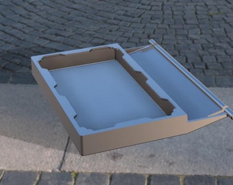 May include: A gray rectangular box with a hinged lid that is open. The box is made of a sturdy material and has a smooth finish.