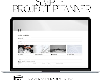 May include: Screenshot of a laptop displaying a Notion template for a simple project planner. The template includes a list of projects, tasks, and a calendar view. The text "Project Planner" is displayed at the top of the screen.