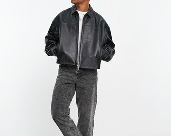 Handgefertigte Bikerjacke aus Rindsleder - Boxy Fit, Vintage Style