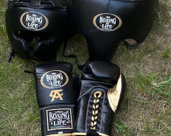 Passen Sie schwarze Boxhandschuhe und Kopfbedeckungsset, Rindsleder Trainingsausrüstung an