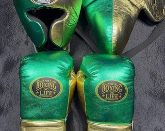 Personalisierte Metallic Grün Gold Boxhandschuhe, ""Boxing No Life"" Benutzerdefinierte Leder Trainingsausrüstung
