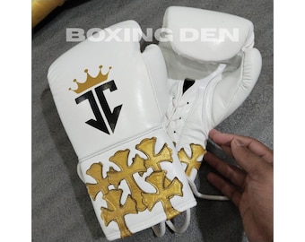 Handgefertigte Weiße Leder Boxhandschuhe, Gold Chrom Herzen, Personalisiertes Geschenk