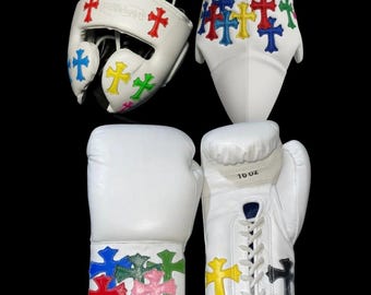 Personalisierte weiße Leder Boxhandschuhe, Chrome Hearts Style, Weihnachtsgeschenk