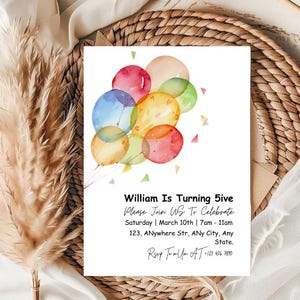 Invito di compleanno modificabile con palloncino acquerello / Download digitale 5x7 / Modello di invito per festa pastello / Biglietto di auguri di compleanno per bambini stampabile