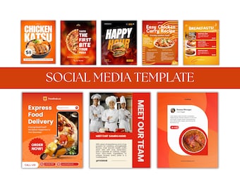 May include: A collection of social media templates with orange and yellow backgrounds. The templates feature food-related graphics, including chicken katsu, pizza, burgers, and breakfast items. Text includes "Chicken Katsu", "Happy Hour", and "Express Food Delivery".
