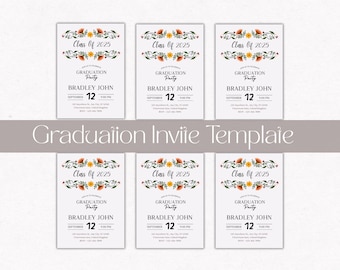 May include: A collection of six graduation party invitations. Each invitation is rectangular, with a floral design at the top and the text "Class of 2025." The invitations include the name "Bradley John" and the date "September 12."
