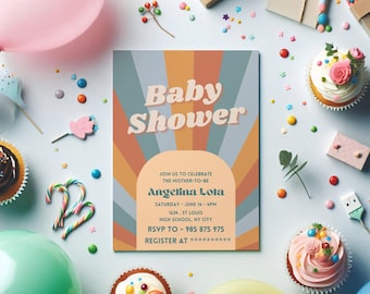 Bewerkbare retro babyshoweruitnodiging | Vintage jaren 70-thema | Canva-sjabloon direct downloaden