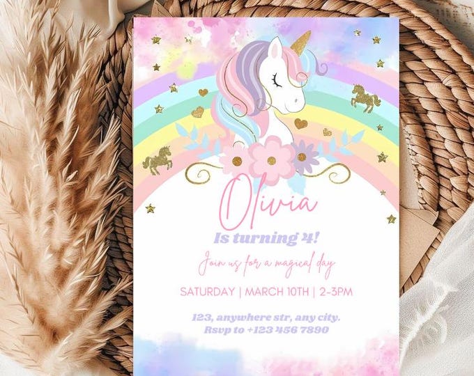 Rainbow Unicorn Birthday Invitation, Editable Girls Party Invite (Digital Download)