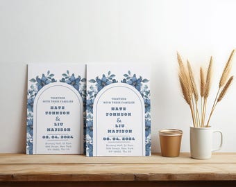 Staubblaues Blumenhochzeits-Einladungs-Set - Elegante druckbare Einladungsvorlage - bearbeitbare Boho-Hochzeitsreihe