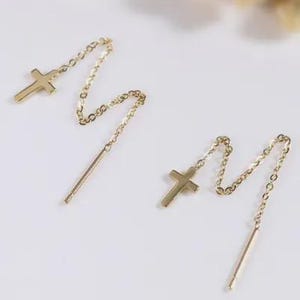14K Solid Gold Cross Threader Earrings - Dangle Drop Cross with Long Chain, Multiple Wear Stud for Earlobe & Cartilage Piercing