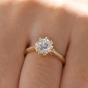 Vintage Art Deco 3 CT Round Moissanite Wedding Ring, 14K Gold Solitaire